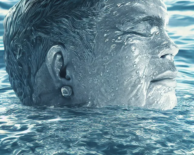 Image similar to water art manipulation of a realistic human head with open eyes burried in the ocean, surreal, side view, hyper realistic, ray tracing, realistic water, sharp focus, 8 k resolution, cinematic