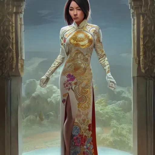 Image similar to muscular woman wearing ao dai, ultra realistic, concept art, intricate details, highly detailed, photorealistic, octane render, 8 k, unreal engine. art by artgerm and greg rutkowski and alphonse mucha