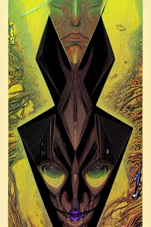 Prompt: portrait of black and psychedelic grainshading print by moebius, richard corben, wayne barlowe, cyberpunk comic cover art, psychedelic triangular skeleton, very intricate, thick outline, full body, symmetrical face, long black crown, in a shapes background, galactic dark colors