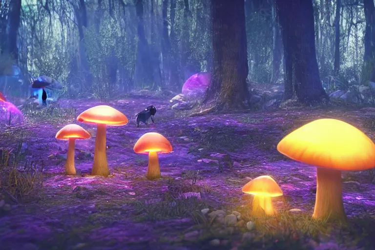 Image similar to A Pug walking in an enchanted fantasy forest. Glowing mushrooms. Colorful. Cinematic lighting. Photorealism.