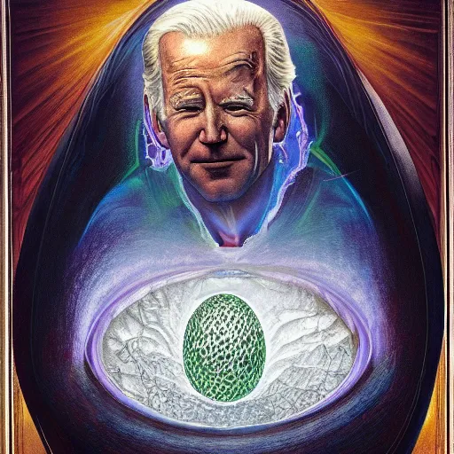 Image similar to presidential portrait of immense, majestic, surreal, terrifying joe biden emerging from the cosmic egg, perfectly clear face, by j. c. leyendecker, alex grey, anato finnstark, bosch, and beksinski