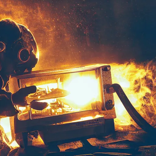 Image similar to cyborg toaster oven repairman, dark messy smoke - filled cluttered workshop, dark, dramatic lighting, orange tint, sparks, plasma rays, cinematic, highly detailed, sci - fi, futuristic, movie still