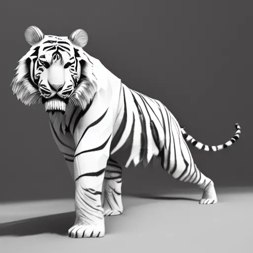 Image similar to a low - poly render of an all white tiger with no stripes in a dynamic action pose dwelling in the spirit realm, low poly 3 d, octane render, dramatic dreamlike lighting, all white render, no textures, angular energetic background elements, angular dynamic white rock floor, artgerm, unreal