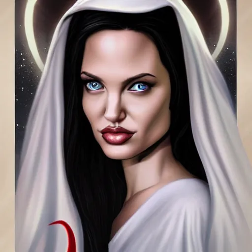 Prompt: young angelina jolie as virgin mary, marvel comics by artgerm,