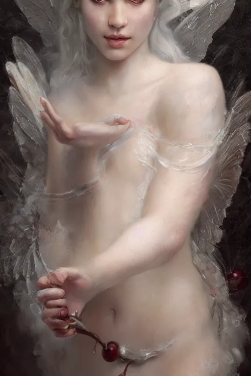Prompt: breathtaking detailed soft painting of a fairy covered in white wax, whip cream and cherry on the body, rembrandt style, elegant, highly detailed, artstation, concept art, matte, sharp focus, art by casimir art, tom bagshaw, kelogsloops and greg rutkowski