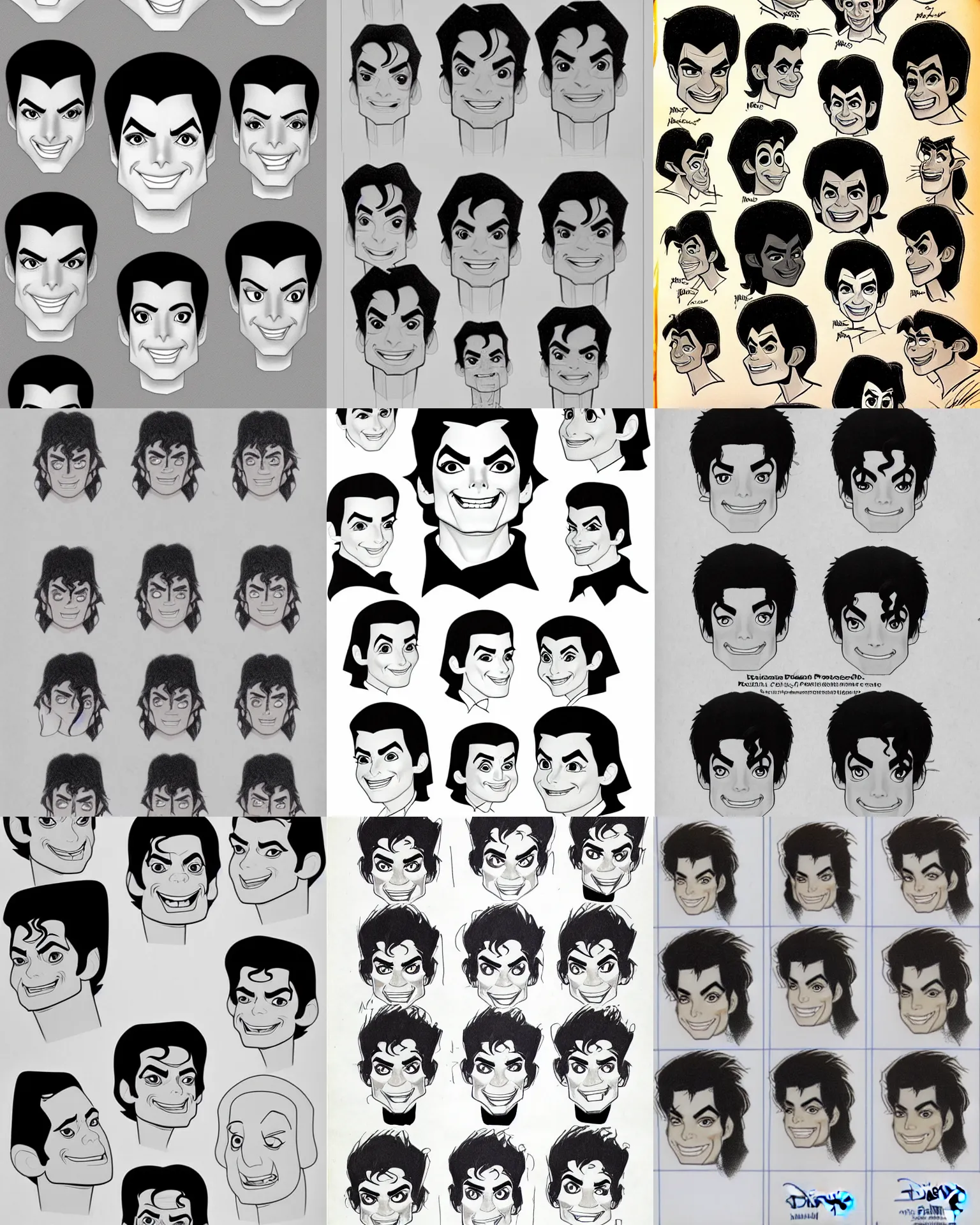 Prompt: !pencil, disney! michael jackson head expressions portrait disney animation model sheet