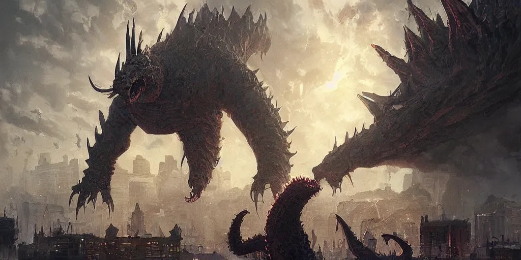 Image similar to kaiju attack in budapest painting, greg rutkowski, detailed, cinematic