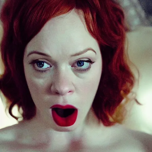 Image similar to amazing beautiful Christina Hendricks with mouth wide open in the living room, film still from the movie directed by Denis Villeneuve , wide lens