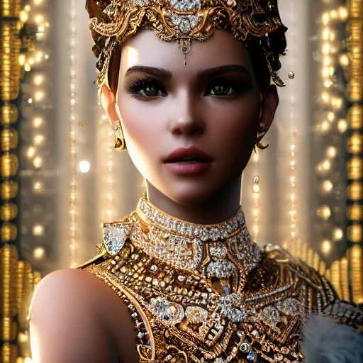 Image similar to portrait of pretty princess with perfect skin, glowing, ornate and intricate diamond jewelry, jaw dropping beauty, ornate and intricate backdrop, white accent lighting, hyper detailed, 4 k octane render