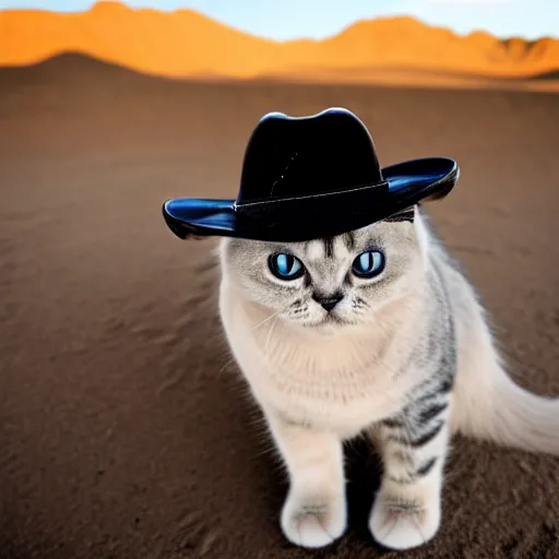 Prompt: a photo of scottish fold cat wearing cowboy hat, posing in the deserted us desert ghost town