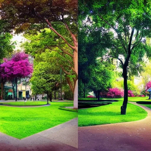 Image similar to a picture of a park in two halves. one half is dystopian colored, the other half is green and optimistically colored