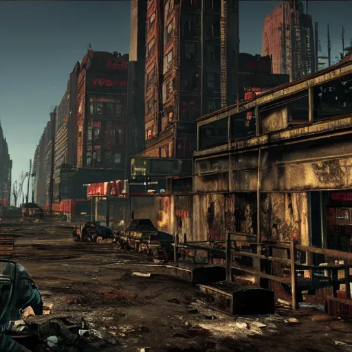 Image similar to New York in ruins post-nuclear war in Fallout 4, in game screenshot