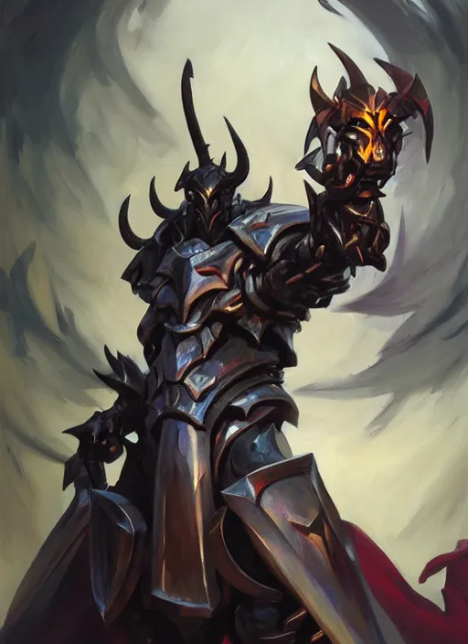 Image similar to Greg Manchess portrait painting of a demonic, devil armored character from league of legends, full shot, asymmetrical, profile picture, Organic Painting, sunny day, Matte Painting, bold shapes, hard edges, street art, cybernetic, metalic, robotic, trending on artstation, by Huang Guangjian and Gil Elvgren and Sachin Teng