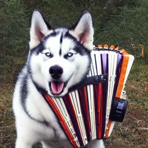 Prompt: a happy husky dog playing the accordian