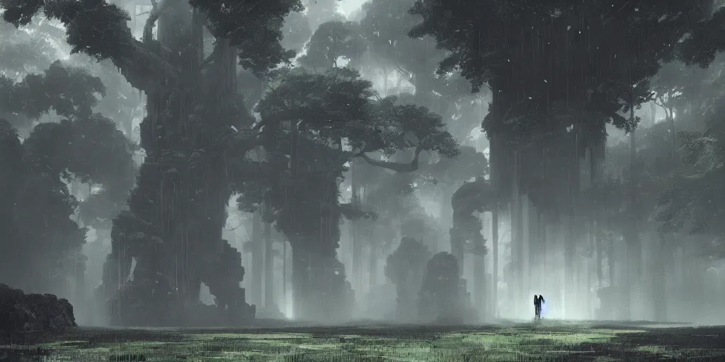 Image similar to An colossus towers above a forest canopy, stormy sky, lightning, digital art by Greg Rutkowski and Studio Ghibli, Shadow of the Colossus