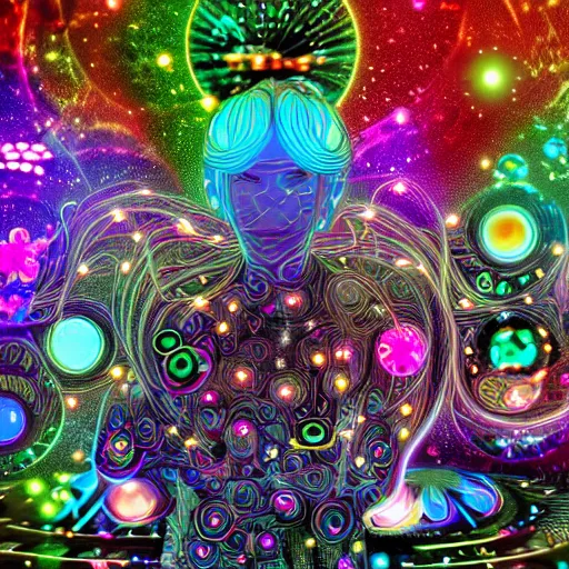 Image similar to anime dj girl electronic circuitry, with fireflies reflections hall of mirrors kaleidoscope bioluminescent vines and flowers, glitter, fractals, by scott uminga and chris dyer and alex grey street art, trending on artstation, dramatic lighting, octane render, weta digital, trending on deviant art, deepdream, ray trace