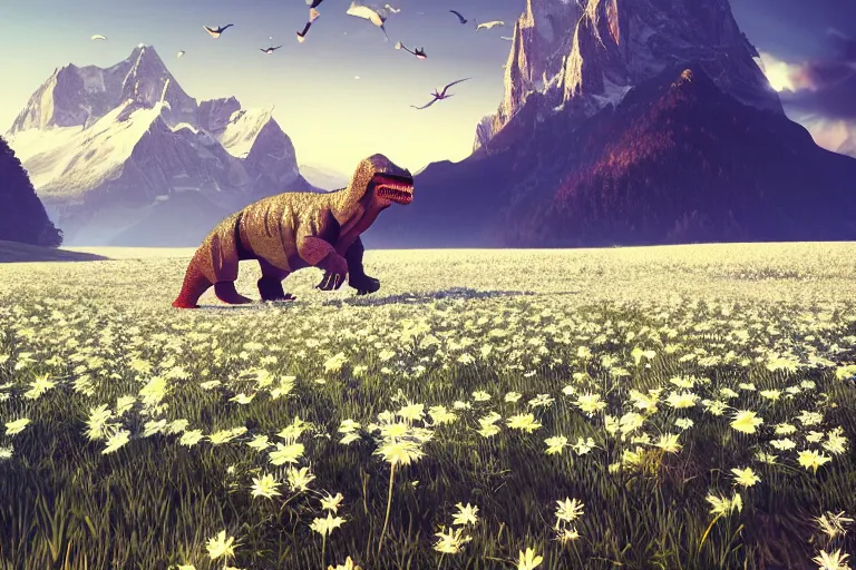 Image similar to lowpoly ps 1 playstation 1 9 9 9 glowing tyrannosaurus standing in a field of daisies, swiss alps in the distance digital illustration by ruan jia on artstation