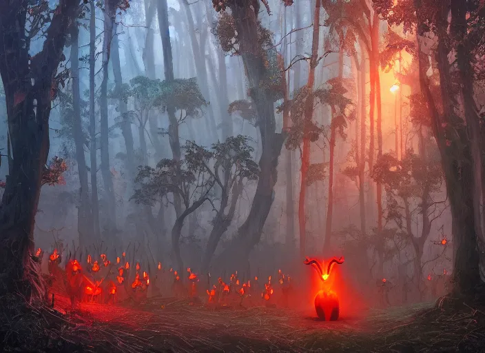 Image similar to dozens of orange safety cones are spread around a beautiful strange forest, a man in a hairy gorrilla costume sri lankan mahasona yaka devil beast in a mask dances in ritual in the center distance, cinematic painting by james jean, atomspheric lighting, moody lighting, dappled light, detailed, digital art, limited color palette, wes anderson, artstation