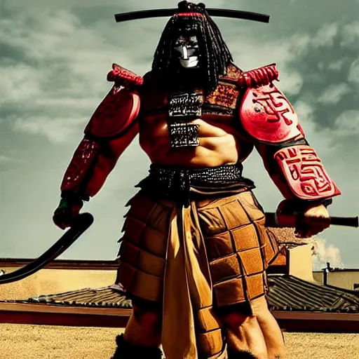 Image similar to big buff very strong very buff samurai wearing an oni mask, accurate detailed wellmade movie still