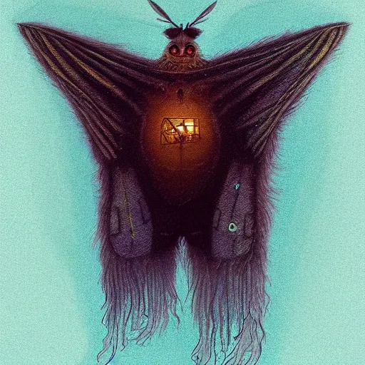 Prompt: portrait of a fluffy moth wanderer in a cloak in the style of Simon Stålenhag and H. R. Giger, detailed, trending on Artstation