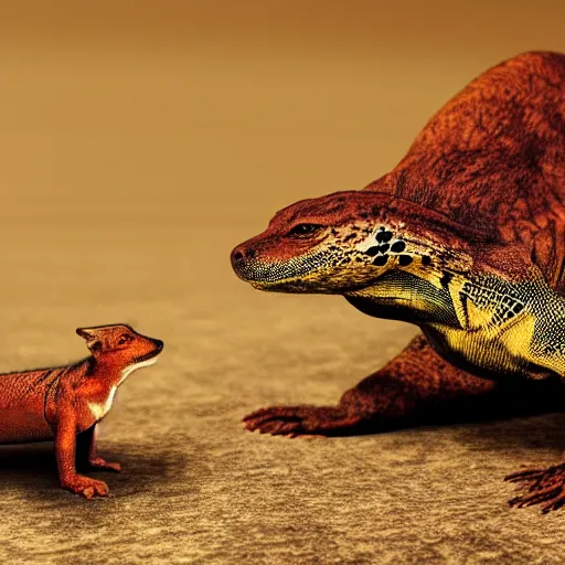 Prompt: a large human cross lizard eating a small fox, digital art, artstation, realistic, hyperreal, high quality