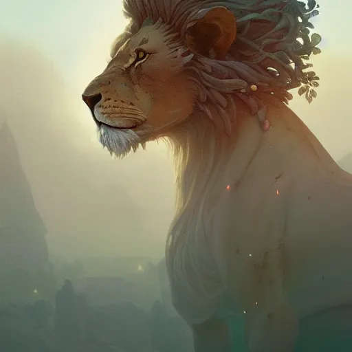 Image similar to highly detailed surreal vfx portrait of a lion stephen bliss, unreal engine, greg rutkowski, loish, rhads, beeple, makoto shinkai and lois van baarle, ilya kuvshinov, rossdraws, tom bagshaw, alphonse mucha, global illumination, detailed and intricate environment