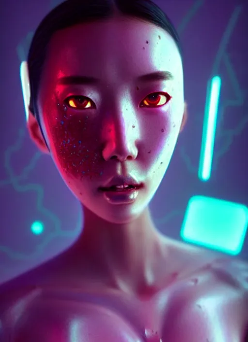 Image similar to sensual asian female humanoid with freckles, by loish, d & d, fantasy, cyber neon lighting, futurism, intricate futuristic jewelry accessories, cyberpunk glossy latex suit, profile posing, hyper photorealistic, digital photography, artstation, pinterest, concept art, art by pascal blanche and greg rutkowski,