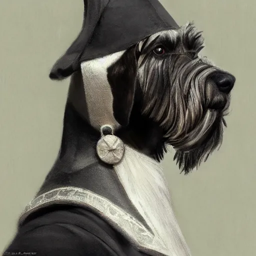 Image similar to portrait of stoic looking miniature schnauzer, military uniform, black fir, white eyebrows, fantasy, intricate, elegant, highly detailed, centered, dark, smokey, charcoal painting, digital painting, artstation, concept art, smooth, sharp focus, illustration, art by artgerm and greg rutkowski and alphonse mucha