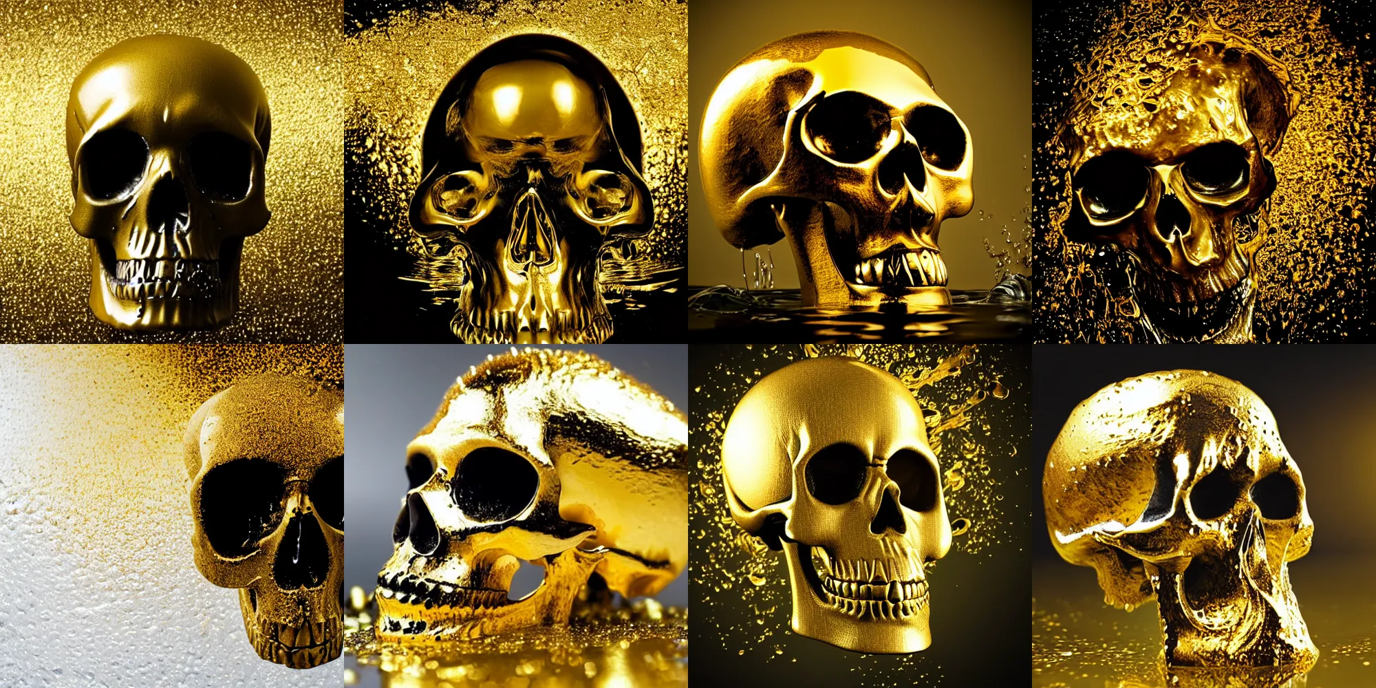 Prompt: dark wet liquid skull half submerged in gold liquid