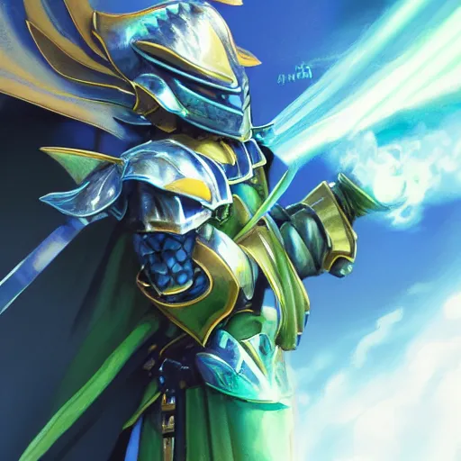 Prompt: fantasy knight, blue armor, golden sword, driving a green hatchback car, dragon blowing fire above, Yusuke Murata, artstation, 8k