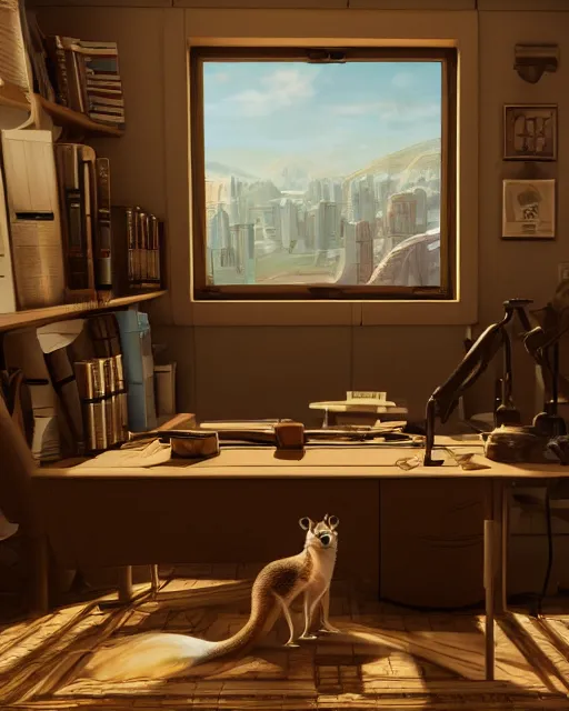 Image similar to artstation scifi scene of a weasel in suits drinking tea ， in a shabby lawyer office, wooden furnitures summer unreal engine 5, hyper realism, realistic shading, cinematic composition, blender render, octane render, hdr, detailed textures, photorealistic, wide shot