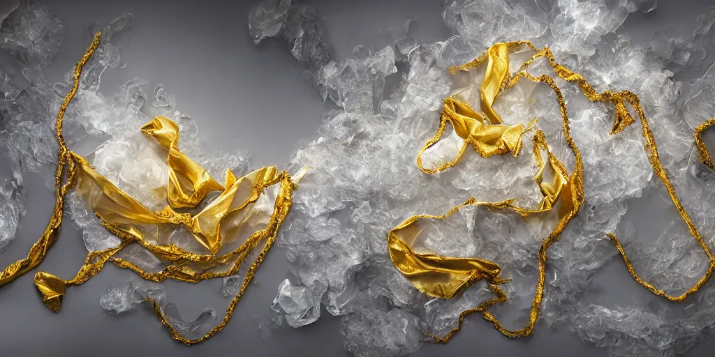 Prompt: gold jewellery encased in fractured ice, studio lighting, area light from above, colored silk sheets flowing in wind, smoke and dust
