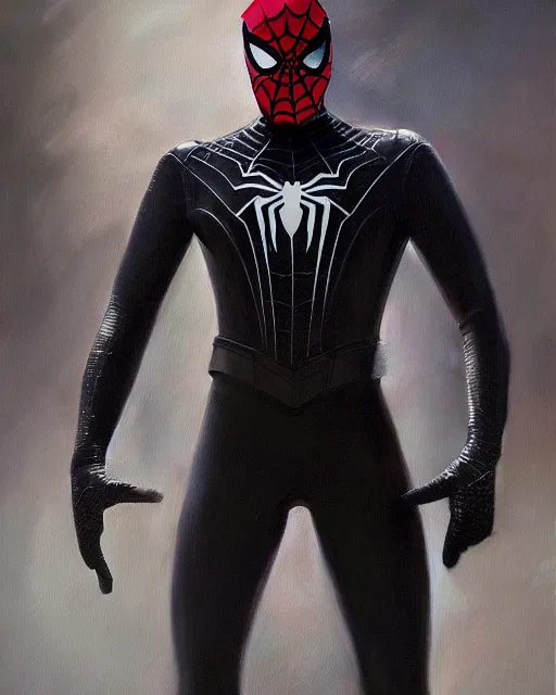 Image similar to hybrid of a bulky stealth suit and spider - man, photorealistic oil painting, hyperdetailed, realistic