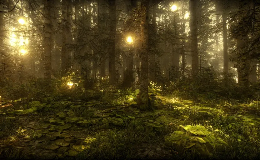 Prompt: steampunk photorealistic forest. daylight stars. light fixtures. unreal engine. 8K. detailed. photorealism. artstation. digital render. ultra realistic