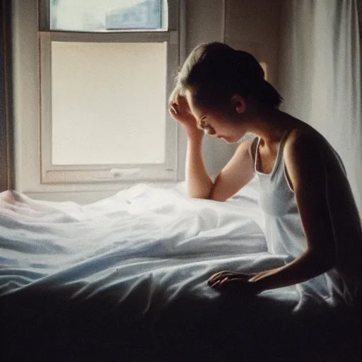 Prompt: painting of a restless young woman sweating in her bed at night, dark room lit by moonlight through a window, white sheets and white nightgown, backlit glow, beautiful, insomnia