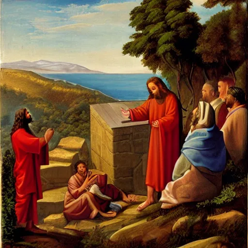 Prompt: Jesus giving the Sermon on the Mount.