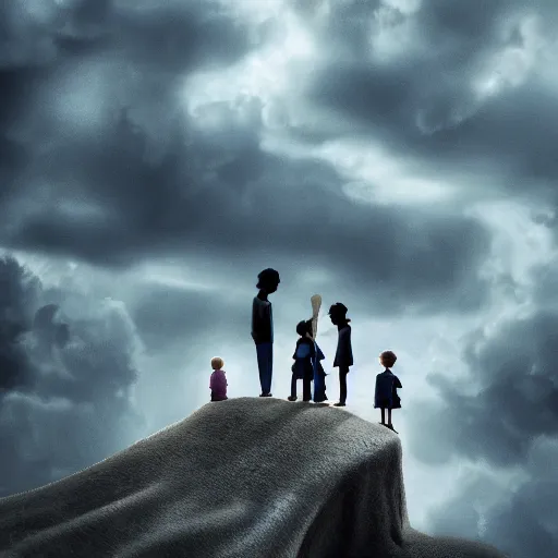 Image similar to stunning, coherent, impressive, detailed still of black a family in clouds, follow shot, 3d, in the style of pixar, comic book style, 3d, highly detailed, sharp focus, bokeh, depth of field, 16k resolution, Unreal Engine 5, coherent, cinematic lighting, photorealistic, by Zhang Jingna