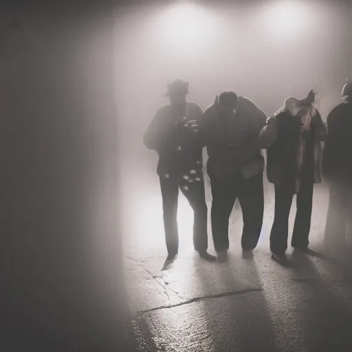 Image similar to an old 5 0 mm photo of a group of men putting on clown makeup in a dark foggy alley