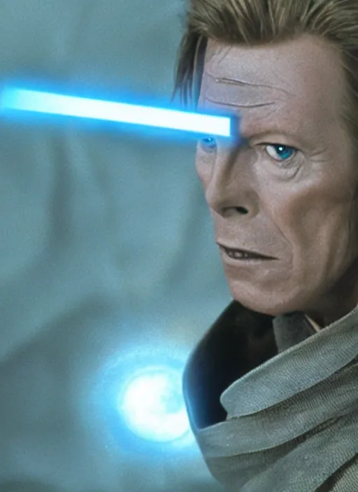 Prompt: david bowie as obi wan kenobi in star wars, movie frame, bluray