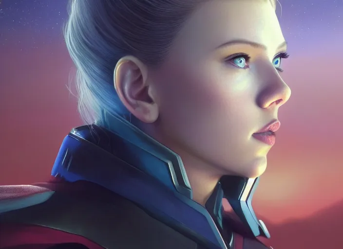 Image similar to a disney film still of scarlett johansson as a star trek officer, finely detailed features, closeup of the face, perfect art, dusk, blue hour, gapmoe yandere grimdark, trending on pixiv fanbox, painted by greg rutkowski, makoto shinkai, takashi takeuchi, alphonse mucha, akihiko yoshida