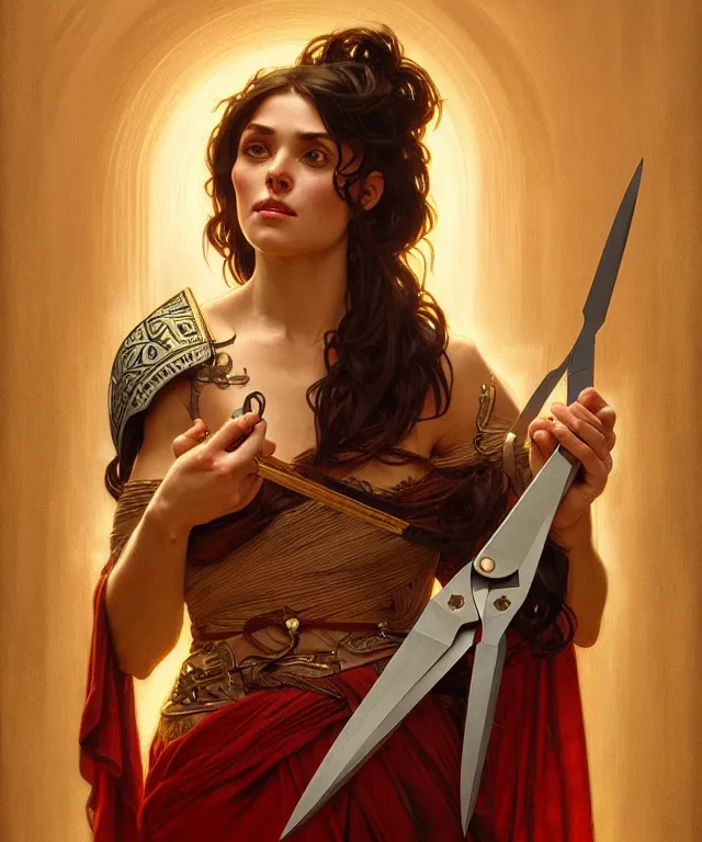 Prompt: portrait of biblical delilah holding medieval shear scissors, intricate, headshot, highly detailed, digital painting, artstation, concept art, sharp focus, cinematic lighting, illustration, art by artgerm and greg rutkowski, alphonse mucha, cgsociety