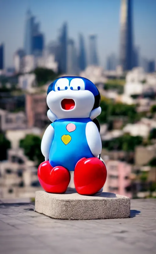 Image similar to a < 3 d plastic doraemon > melting in the heat outdoors, shanghai in the background, heat wave, fierce sunlight, digital art, high definition photo, 8 k