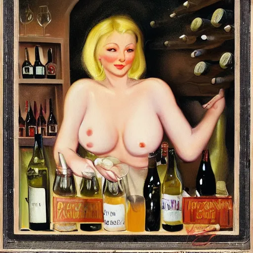 Image similar to hot blonde working in a wine cellar, food, pork, beer, schnapps, rustic, traditional, torches on the wall, delicate embellishments, painterly, offset printing technique, photographed on kodachrome by brom, robert henri, walter popp