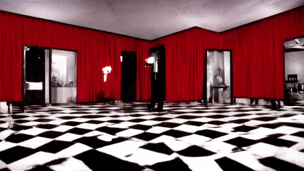 Image similar to Twin Peaks (1990) the Black Lodge, red curtains, black furniture, white and black chevron floor tile, eerie david lynch cinematography, red room in the black lodge from Twin Peaks, atmospheric wide shot photography, dramatic lighting, shot on ARRIFLEX Camera, shot on Panavision Panaflex Camera, shot on Fjifilm 35mm, Shot on Eastman Kodak 35mm