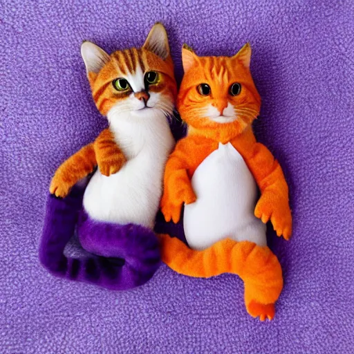 Image similar to tiny adorable purple fantasy dragon cuddles an orange tabby cat, realistic, orange tabby cuddles purple dragon, award - winning photography