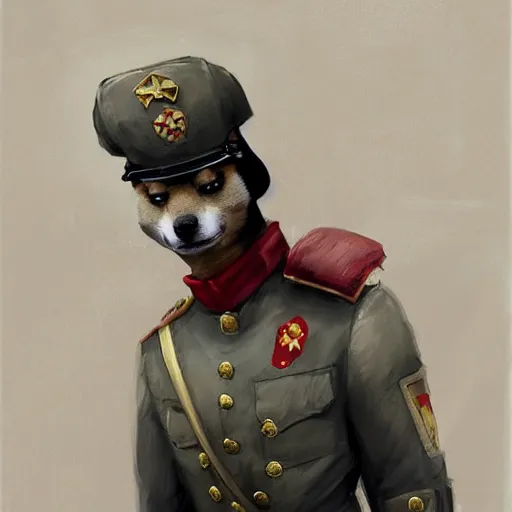 Image similar to portrait of a communist shiba inu dog as a soviet officer, tragic, elegant, fantasy, hd shot, digital portrait, beautiful, artstation, comic style, by artgerm, guy denning, jakub rozalski, magali villeneuve and charlie bowater