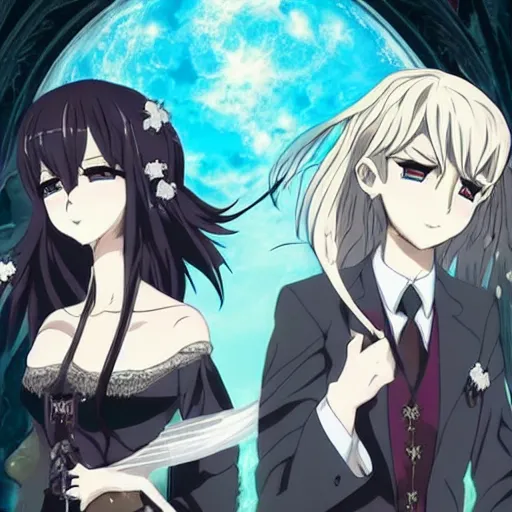 Image similar to a gothic wedding under a full blue moon, key anime visual, official modern animation
