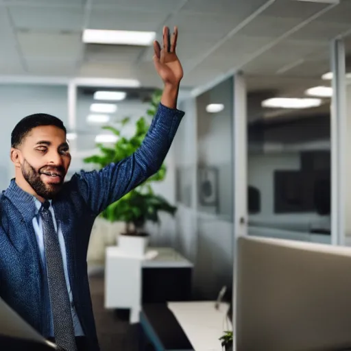 Image similar to photo of a young man waving goodbye to his coworker in office