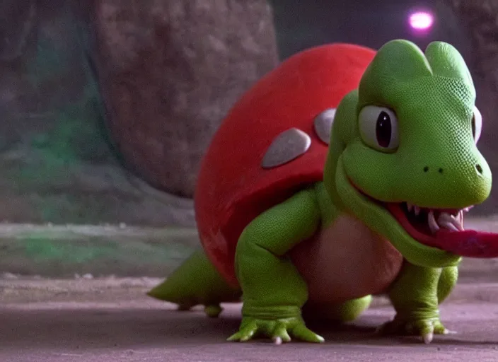 Image similar to film still of yoshi in the new sci - fi movie, cute upright standing upright upright dinosaur standing on its hind legs with a small red turtle shell and sticking out a long sticky tongue, 8 k