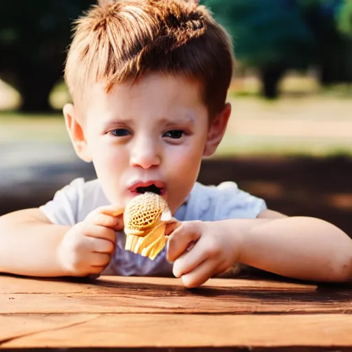 Prompt: little amber boy eating ice cream by a wooden table